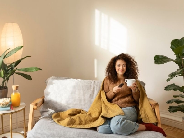 Donna che abita da sola sul suo divano che si rilassa