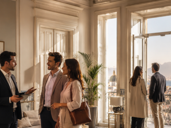 Visitatori durante un open house immobiliare con vista su Napoli