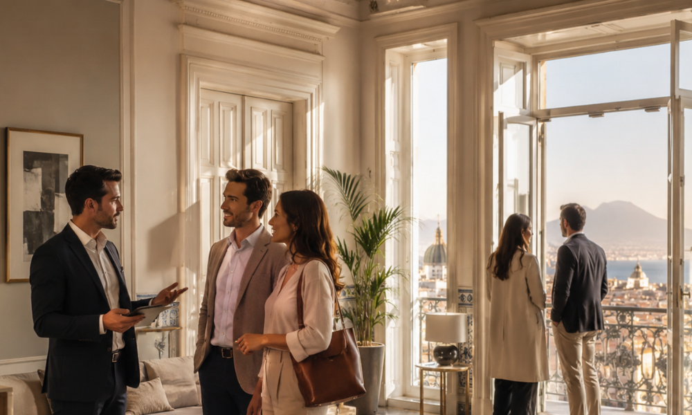 Visitatori durante un open house immobiliare con vista su Napoli